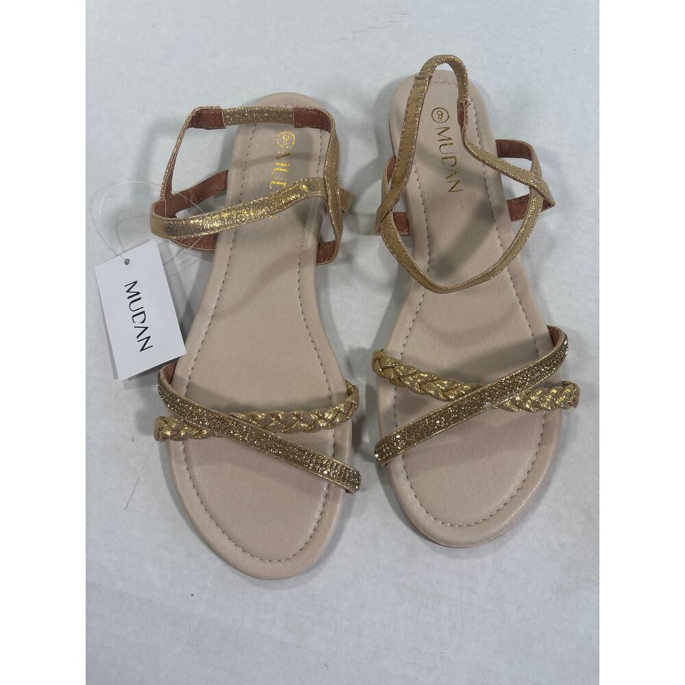 Mudan Champagne Jeweled Cross Strap Flat Sandals Size 9